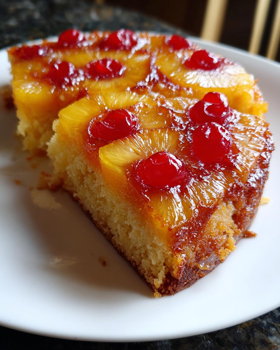 Close-up of a moist slice of pineapple upside down cake topped with caramelized pineapple rings and bright red maraschino cherries.