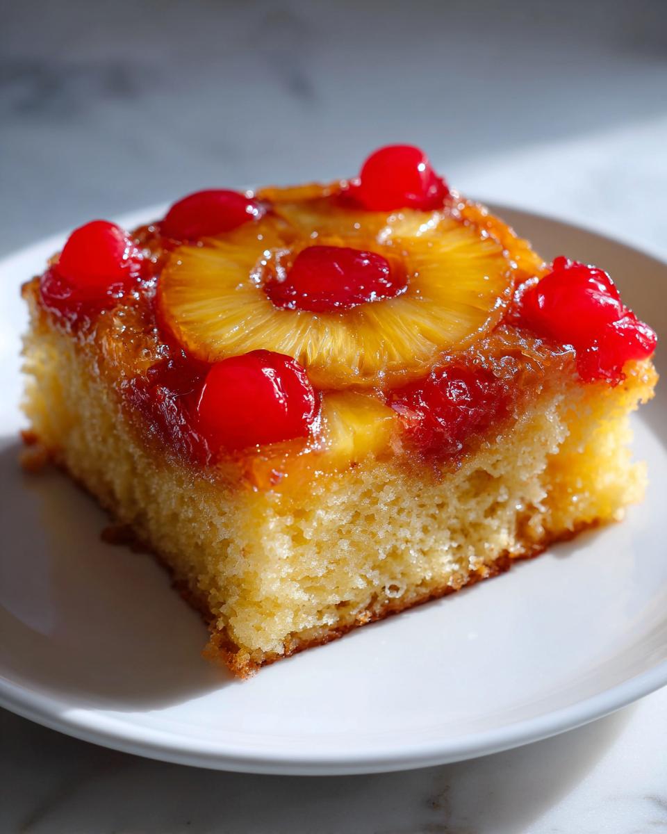A moist slice of pineapple upside down cake topped with caramelized pineapple rings and bright red maraschino cherries.