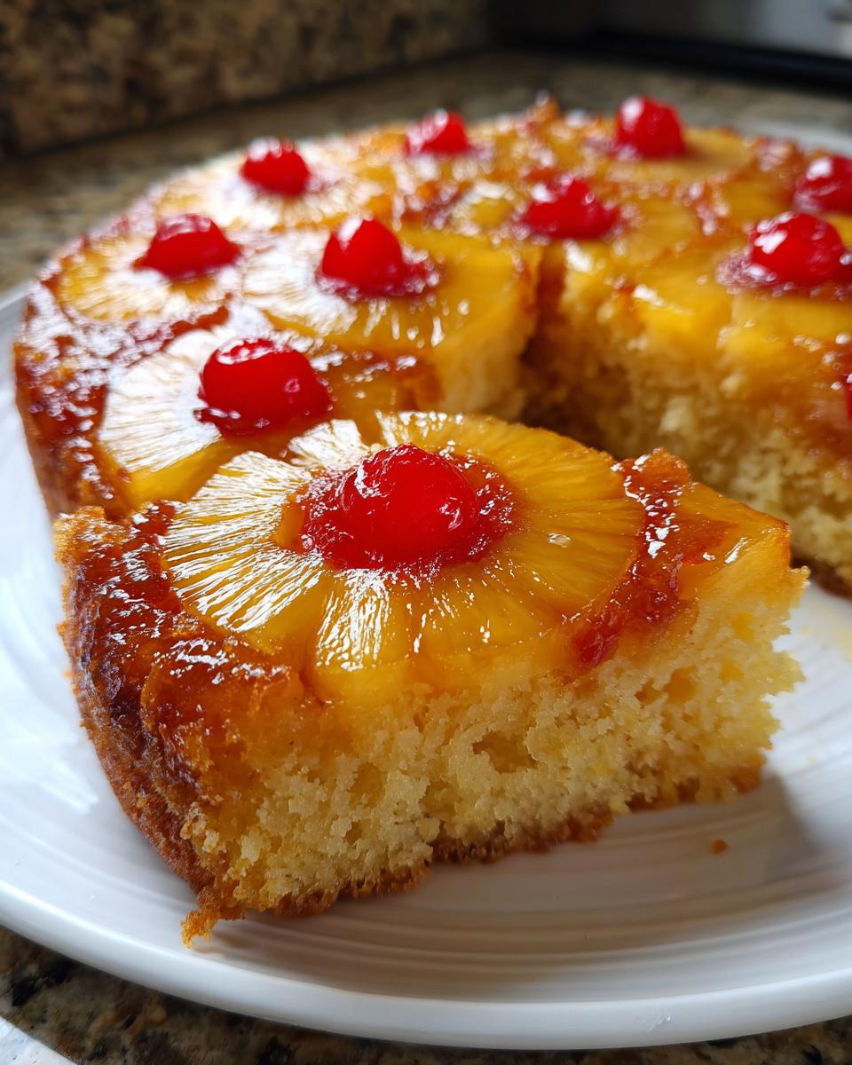 A close-up of a moist slice of pineapple upside down cake topped with caramelized pineapple and a maraschino cherry.