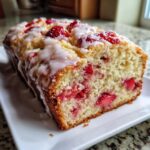 Close-up of a loaf of moist strawberry bread topped with a thick vanilla glaze and baked-in strawberry pieces.