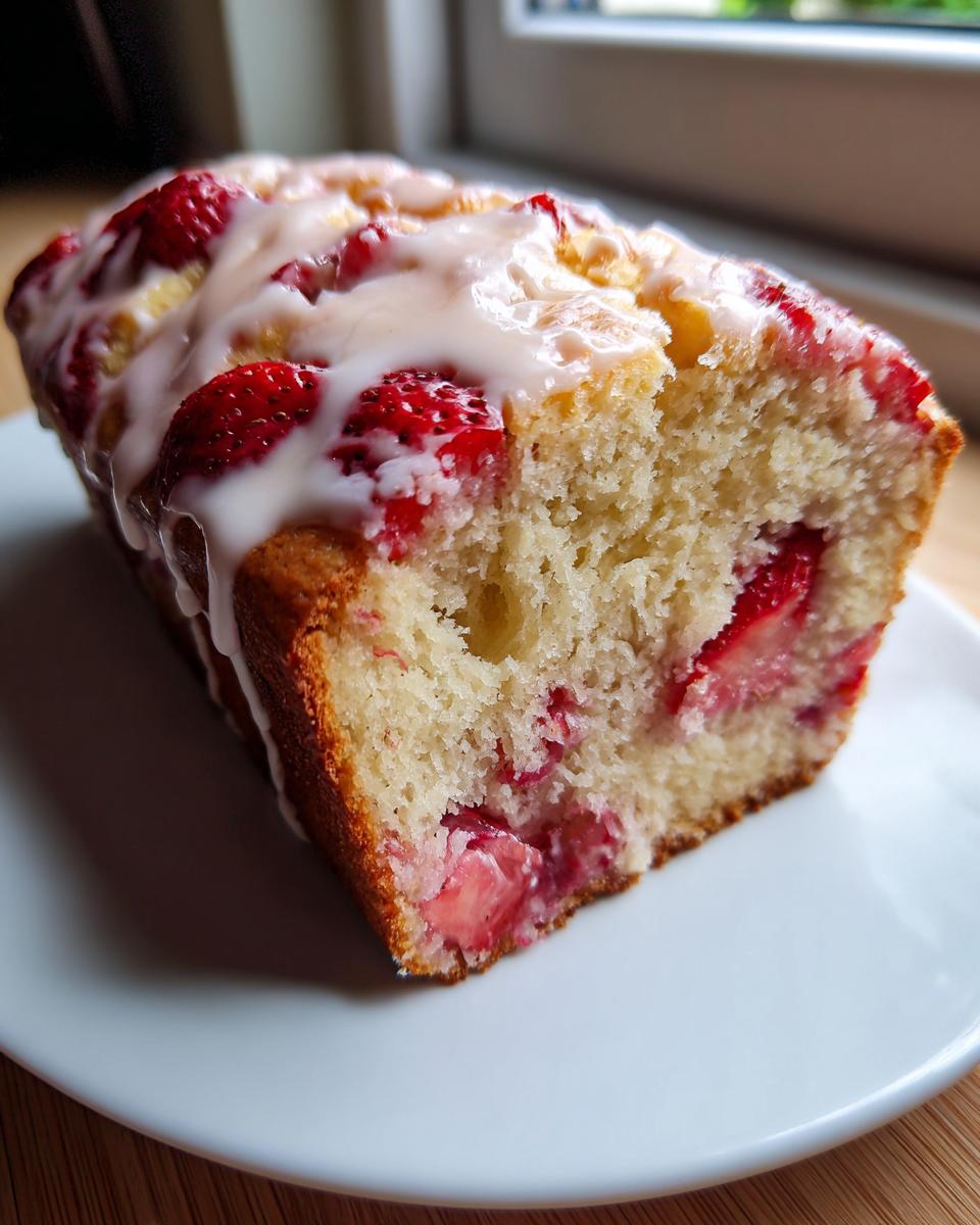 A close-up view of a slice of moist strawberry bread topped with a thick vanilla glaze and baked-in strawberries.