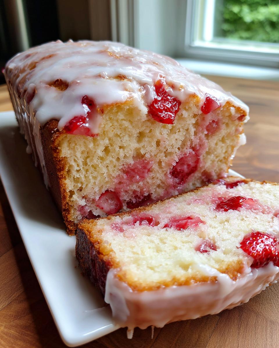 A loaf of moist strawberry bread, partially sliced, showing bright red strawberries baked inside and topped with a thick vanilla glaze.