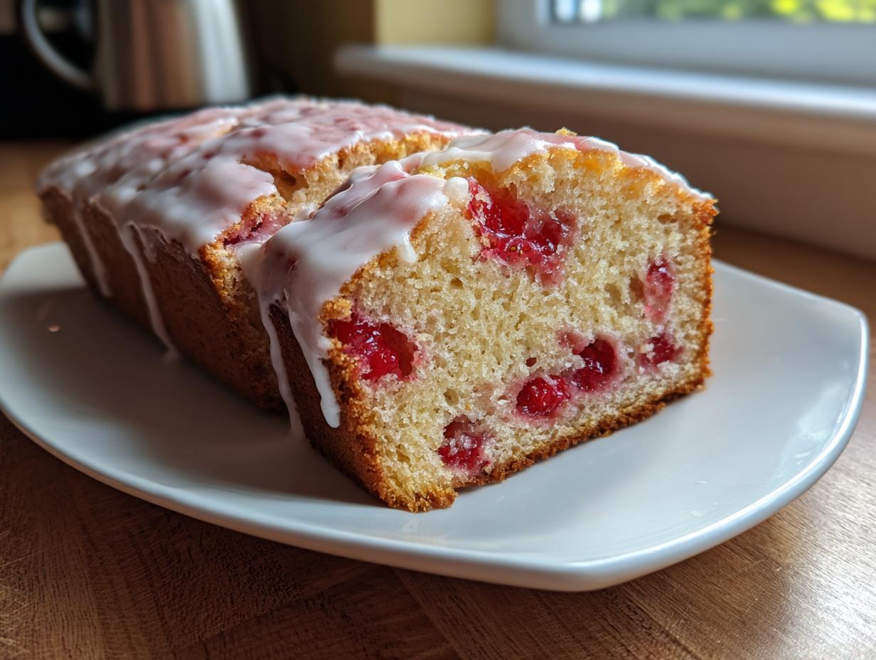 A loaf of moist strawberry bread, sliced to show bright red berries baked inside, topped with a thick white glaze.