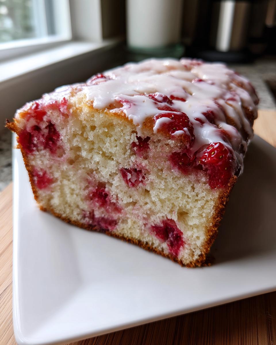 A close-up of a slice of moist strawberry bread, showing bright red berries baked into the light crumb and topped with a white glaze.