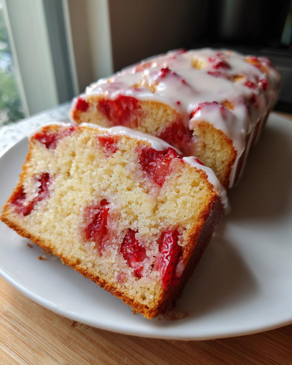 A slice of moist strawberry bread with visible fresh strawberries, topped with a sweet white glaze.