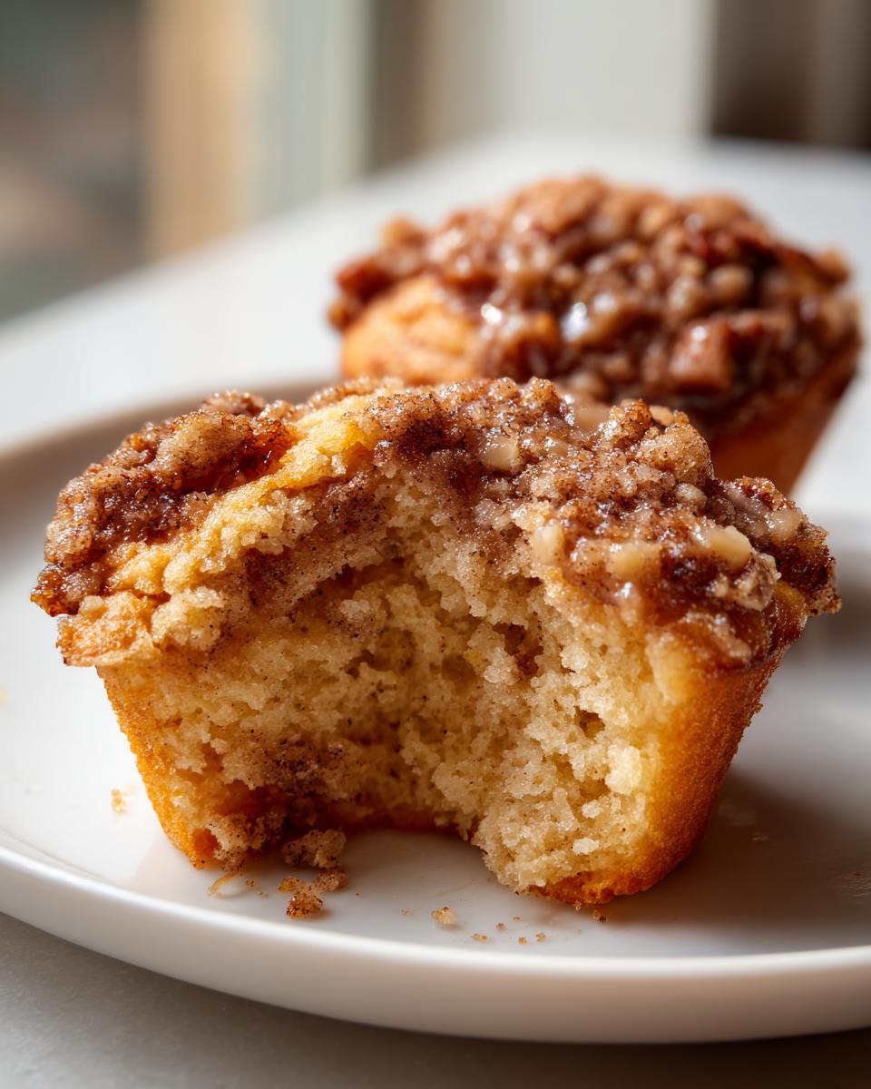 Close-up of a pecan pie muffins with a bite taken out, showing the moist interior and pecan crumb topping.