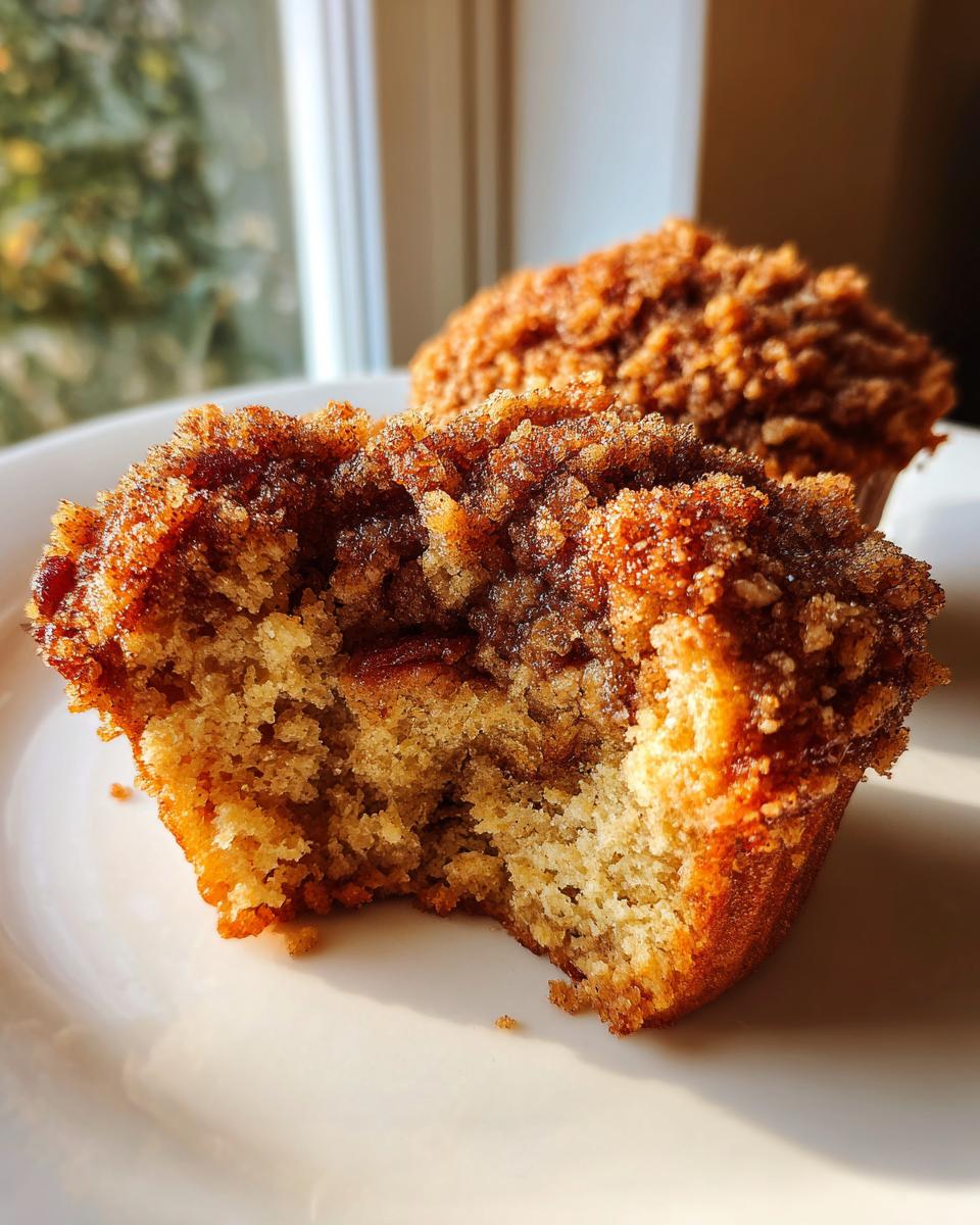 A close-up shot of a pecan pie muffin cut in half, showing the moist interior and sugary crumb topping.