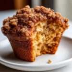 A close-up shot of a pecan pie muffins with a bite taken out, showing the moist interior and sugary crumb topping.
