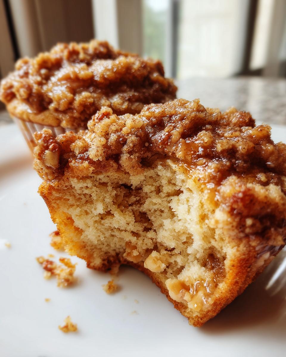 A close-up of a pecan pie muffin, broken open to show the moist interior and sticky pecan topping.