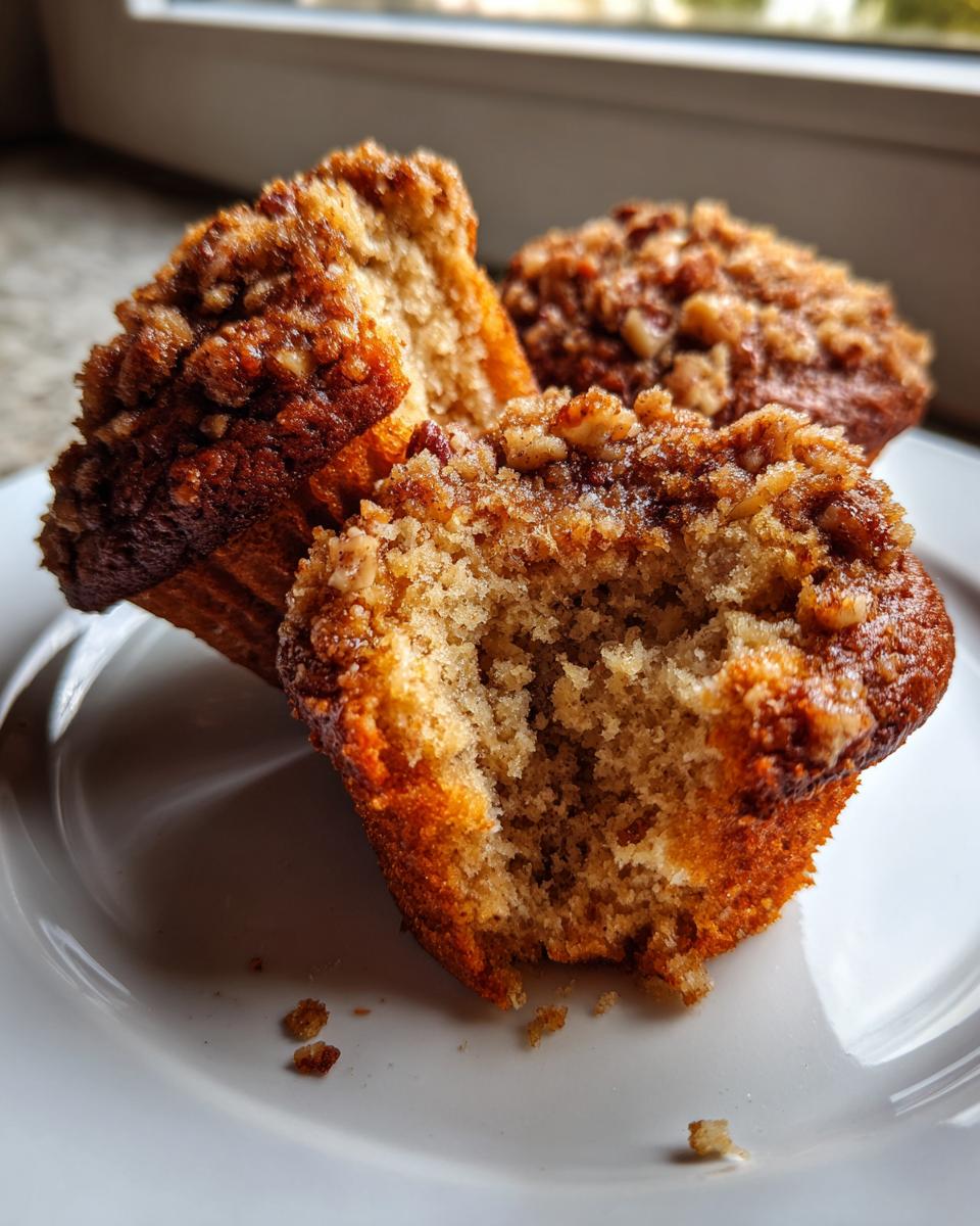 A close-up photo showing three pecan pie muffins on a white plate, one of which is broken open to reveal the moist interior and crunchy pecan topping.