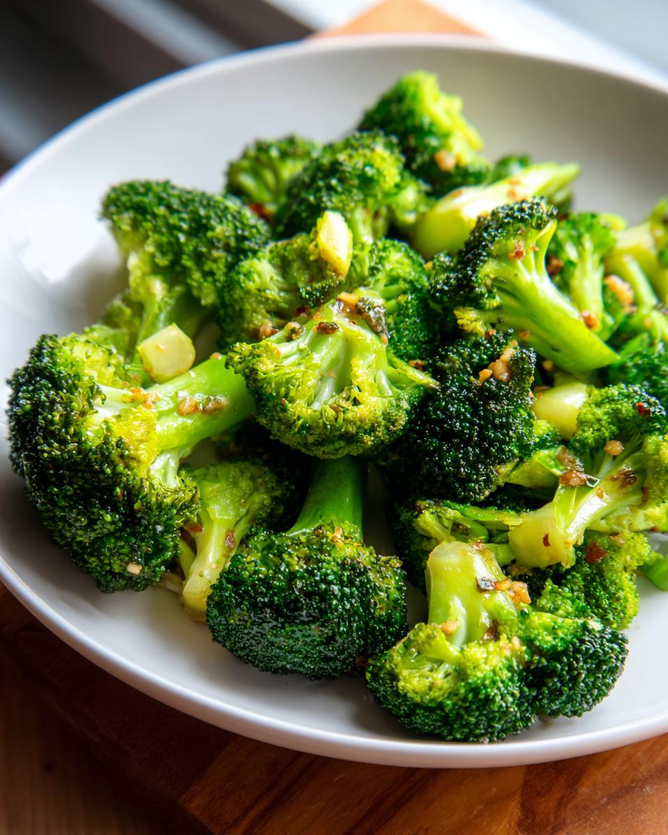 Close-up of vibrant green steamed broccoli florets seasoned with garlic and spices in a white bowl.