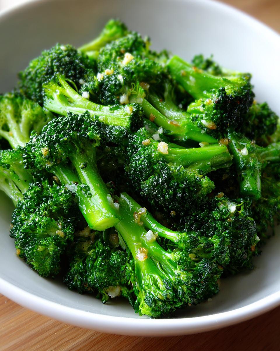 Close-up of vibrant green steamed broccoli florets tossed with minced garlic in a white bowl.