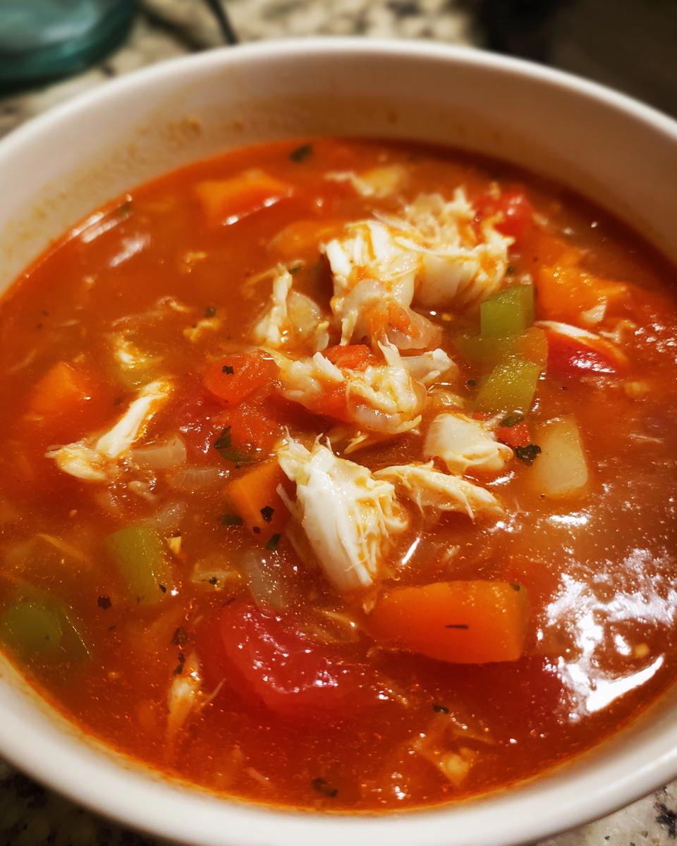 Close-up of a bowl of rich, tomato-based maryland crab soup topped with generous flakes of white crab meat and diced vegetables.