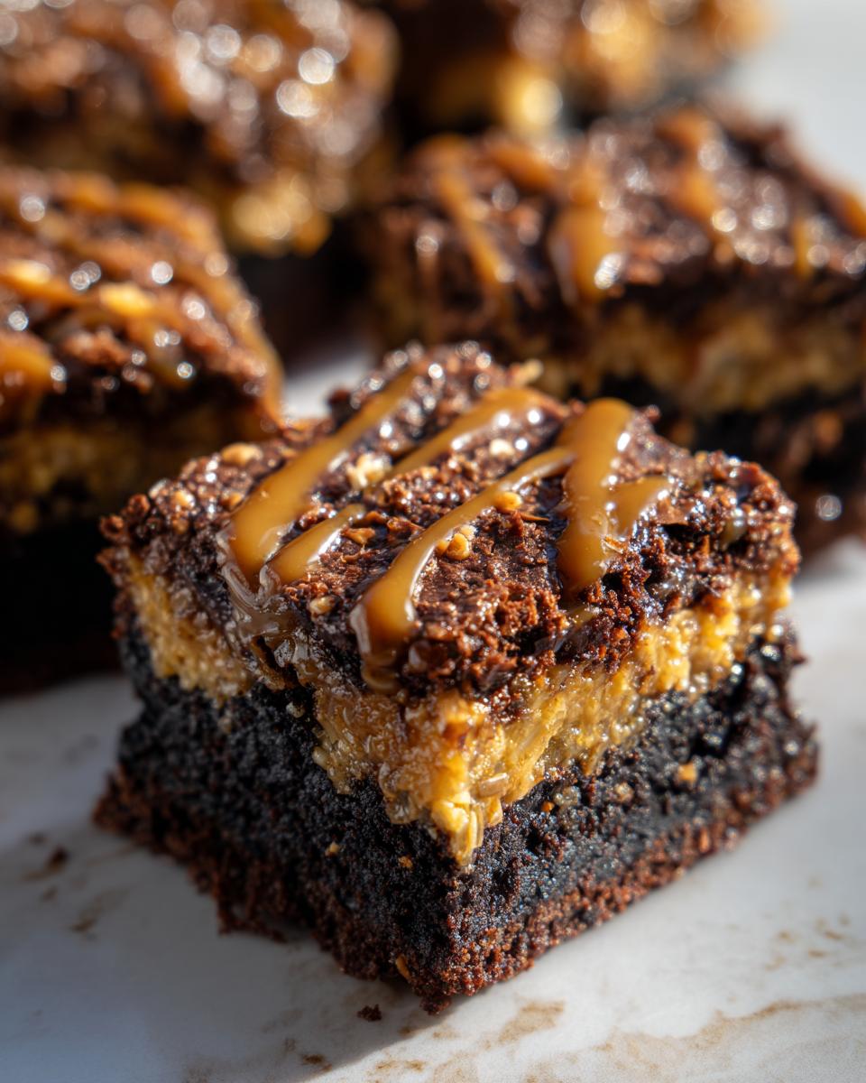 A close-up of a decadent square of Samoa box mix brownies featuring a thick brownie base, caramel layer, and caramel drizzle.