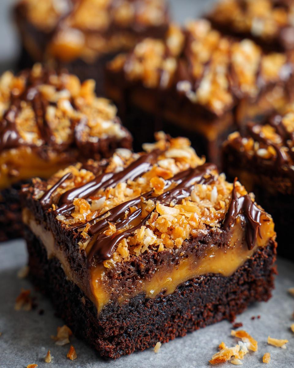 A decadent square of Samoa box mix brownies featuring a thick brownie base, a layer of caramel, toasted coconut, and a chocolate drizzle.
