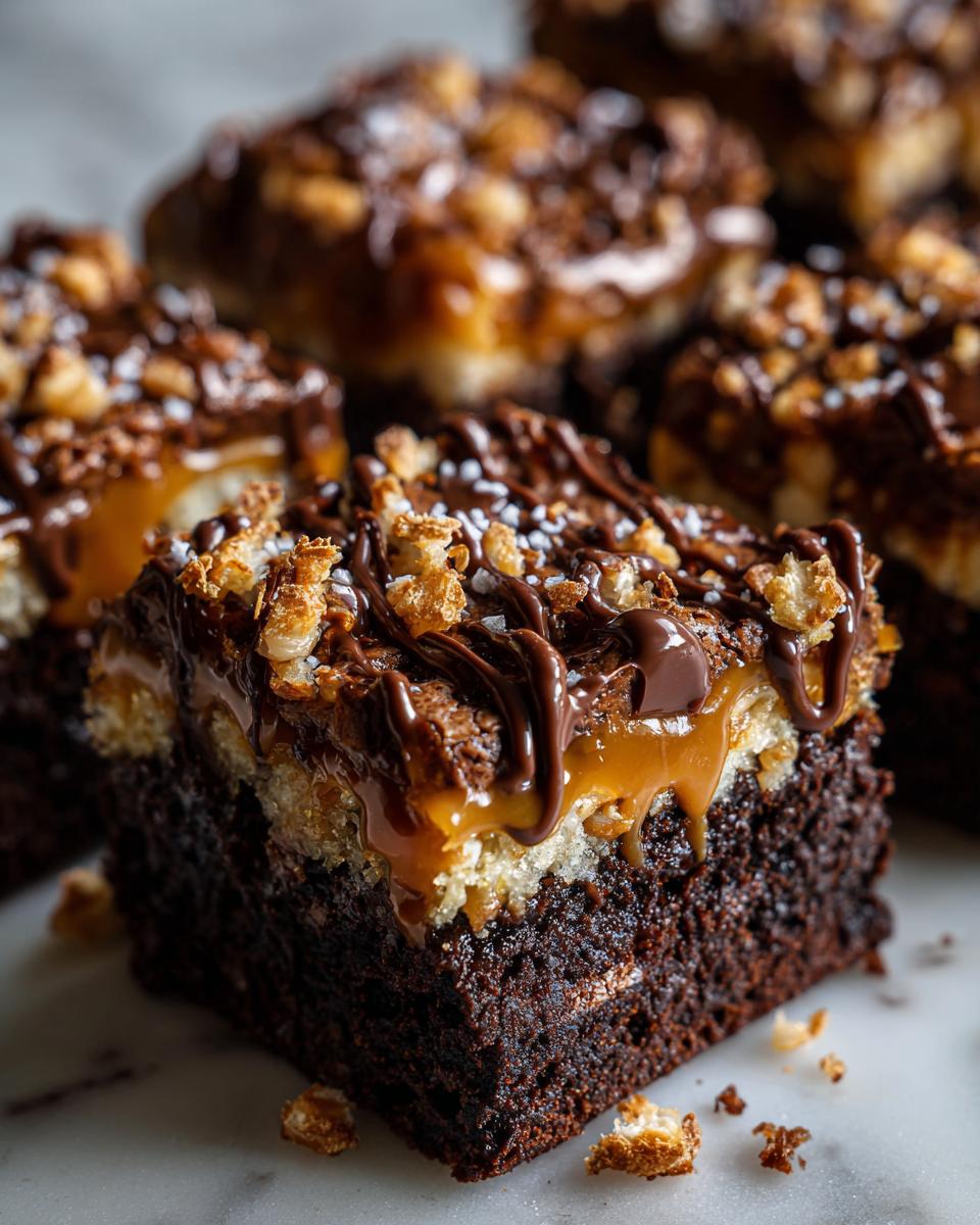 A decadent square of Samoa box mix brownies featuring a thick chocolate base, gooey caramel, and chocolate drizzle.