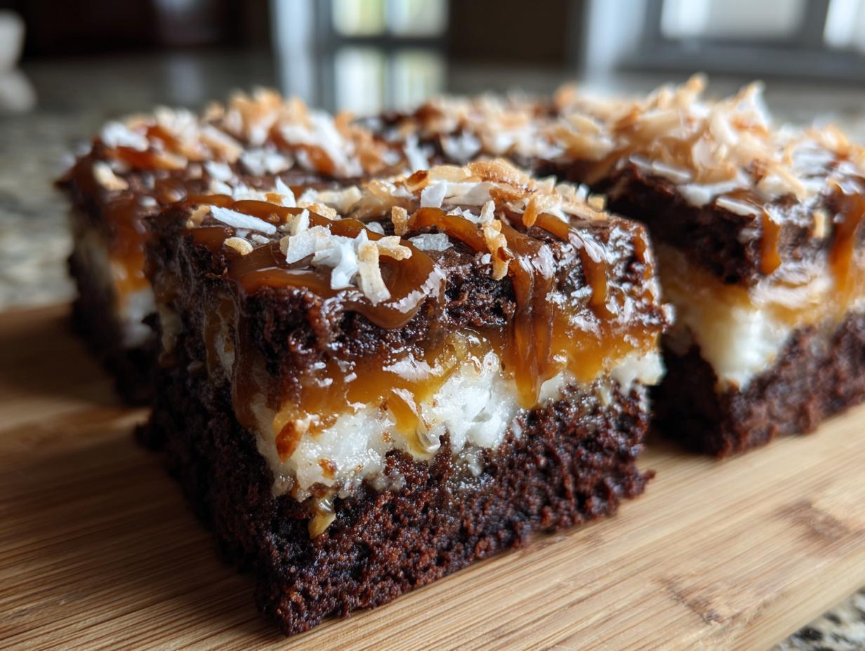 Three decadent squares of Samoa box mix brownies featuring a thick brownie base, coconut layer, caramel drizzle, and toasted coconut.