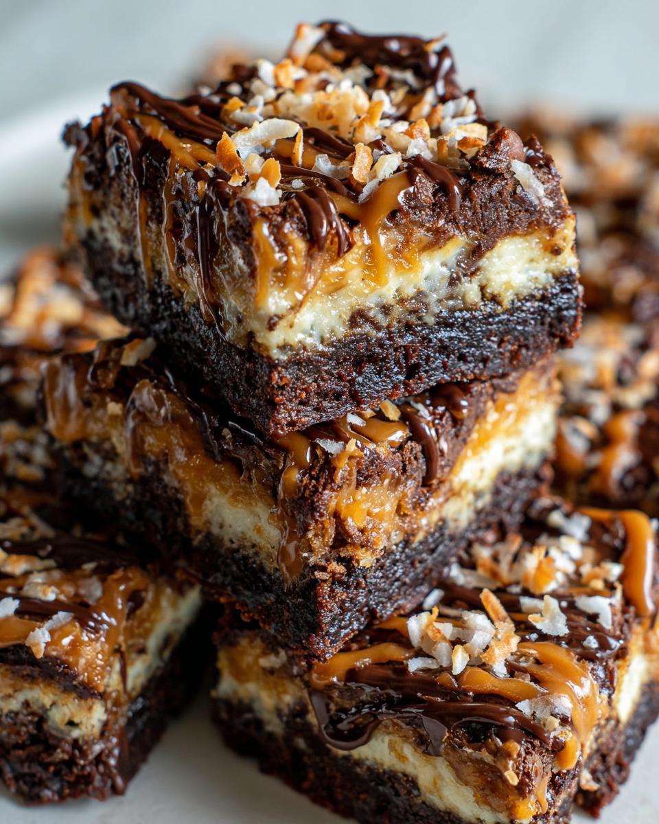 A stack of rich Samoa box mix brownies layered with caramel, cream, and topped with toasted coconut and chocolate drizzle.