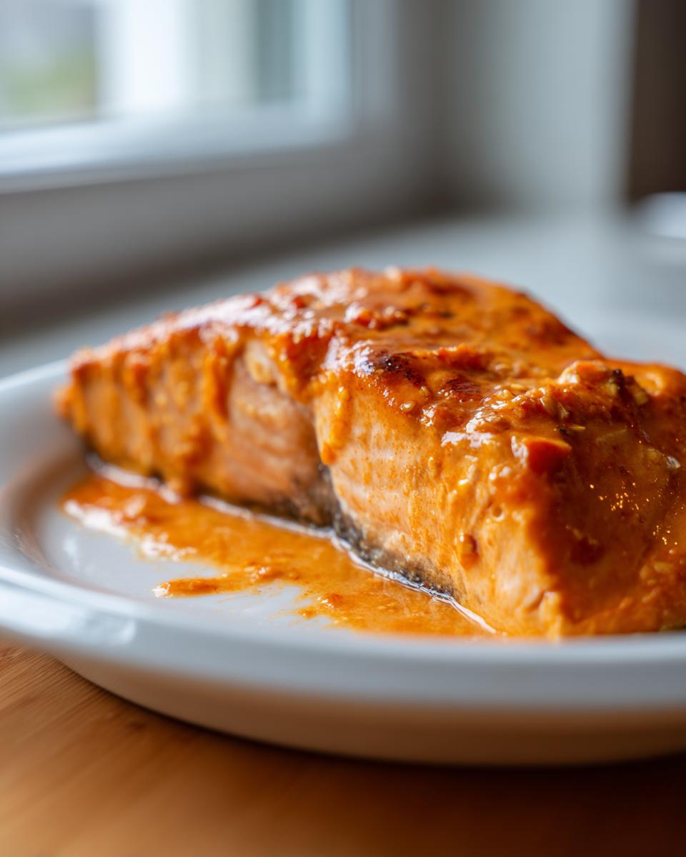 A close-up of a thick fillet of salmon covered in a vibrant orange, creamy bang bang salmon sauce, served on a white plate.