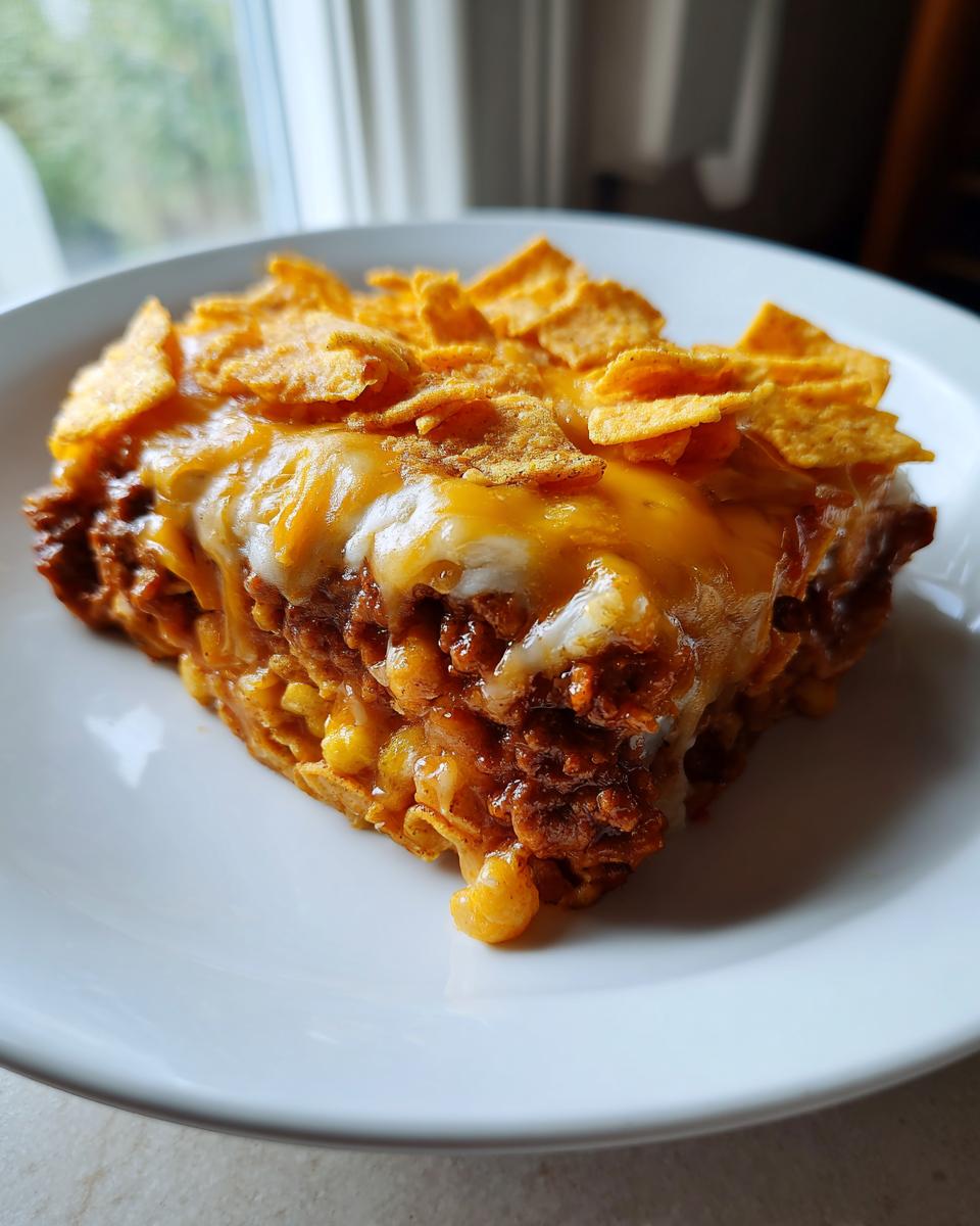 A delicious square serving of layered frito pie topped with melted cheese and Fritos corn chips.