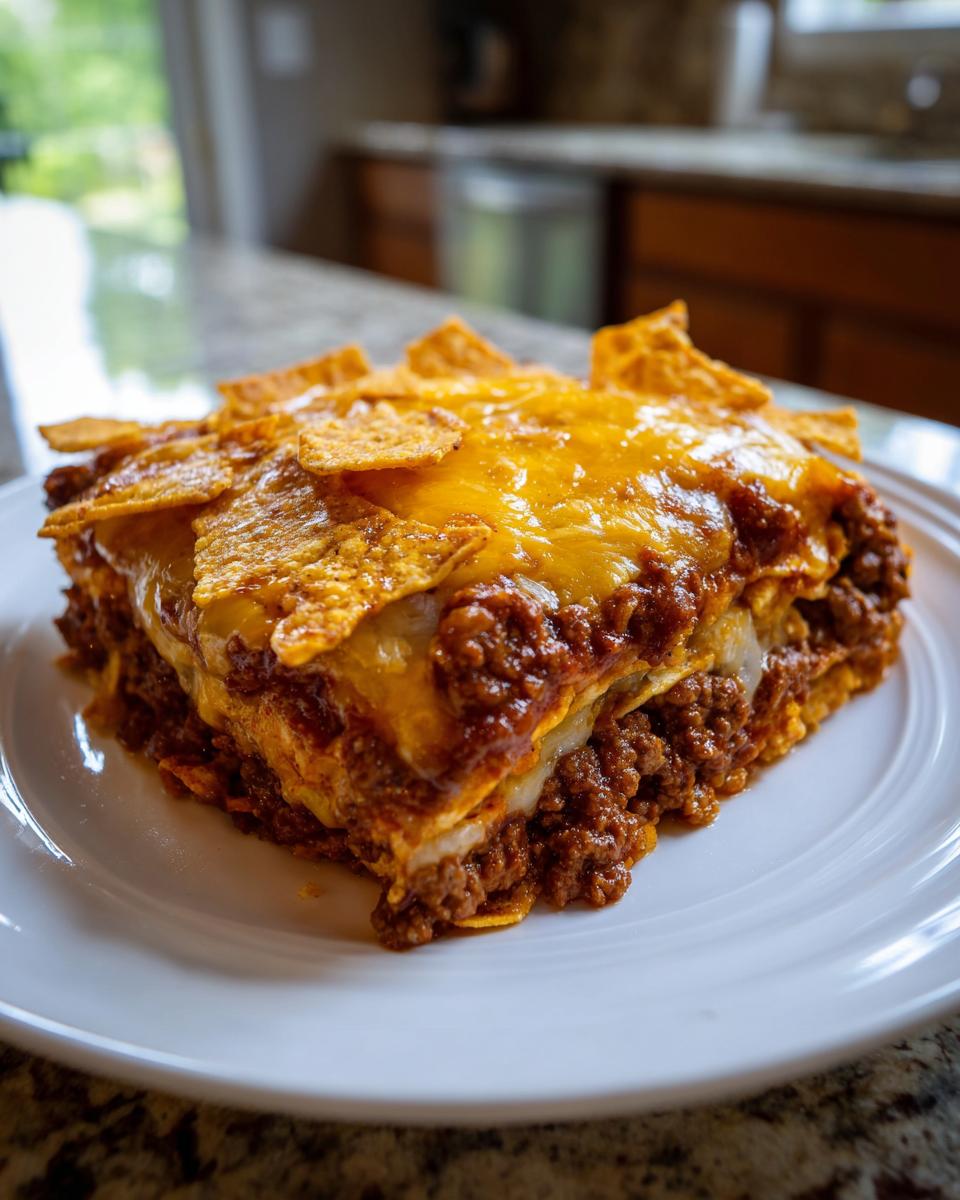 A square serving of layered frito pie casserole topped with melted cheddar cheese and corn chips.