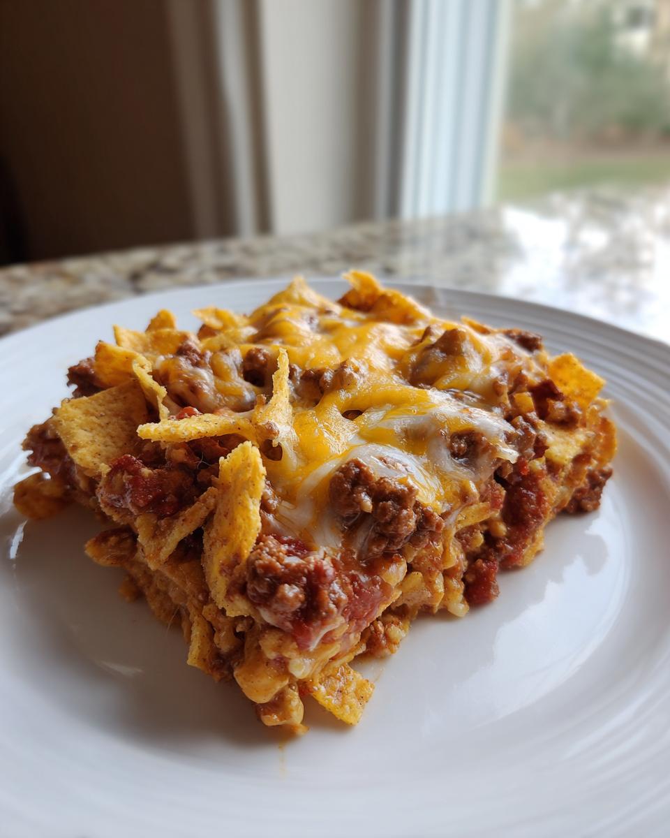 A square serving of baked frito pie casserole with ground beef, sauce, and melted cheddar cheese on a white plate.