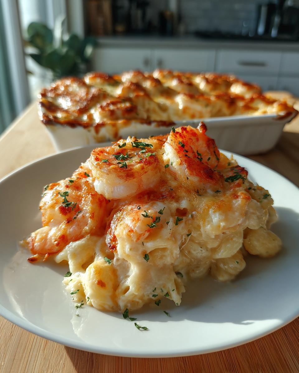 A serving of creamy shrimp scampi pasta bake topped with perfectly cooked shrimp and melted cheese.