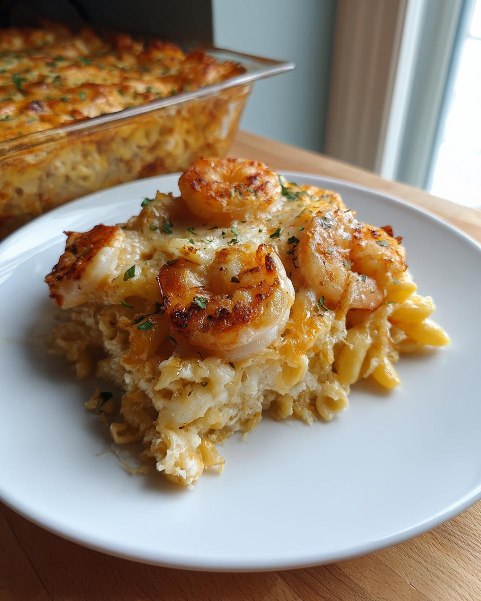 A close-up serving of cheesy shrimp scampi pasta bake topped with perfectly seared shrimp and parsley.