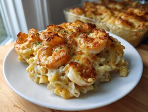 A close-up serving of cheesy shrimp scampi pasta bake topped with perfectly browned shrimp on a white plate.