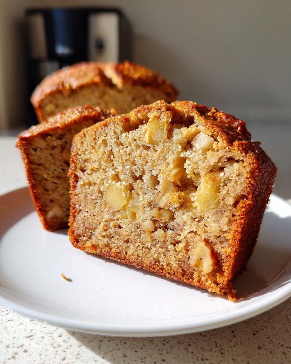 Two thick slices of moist hawaiian banana bread showing visible nuts and a golden-brown crust, served on a white plate.
