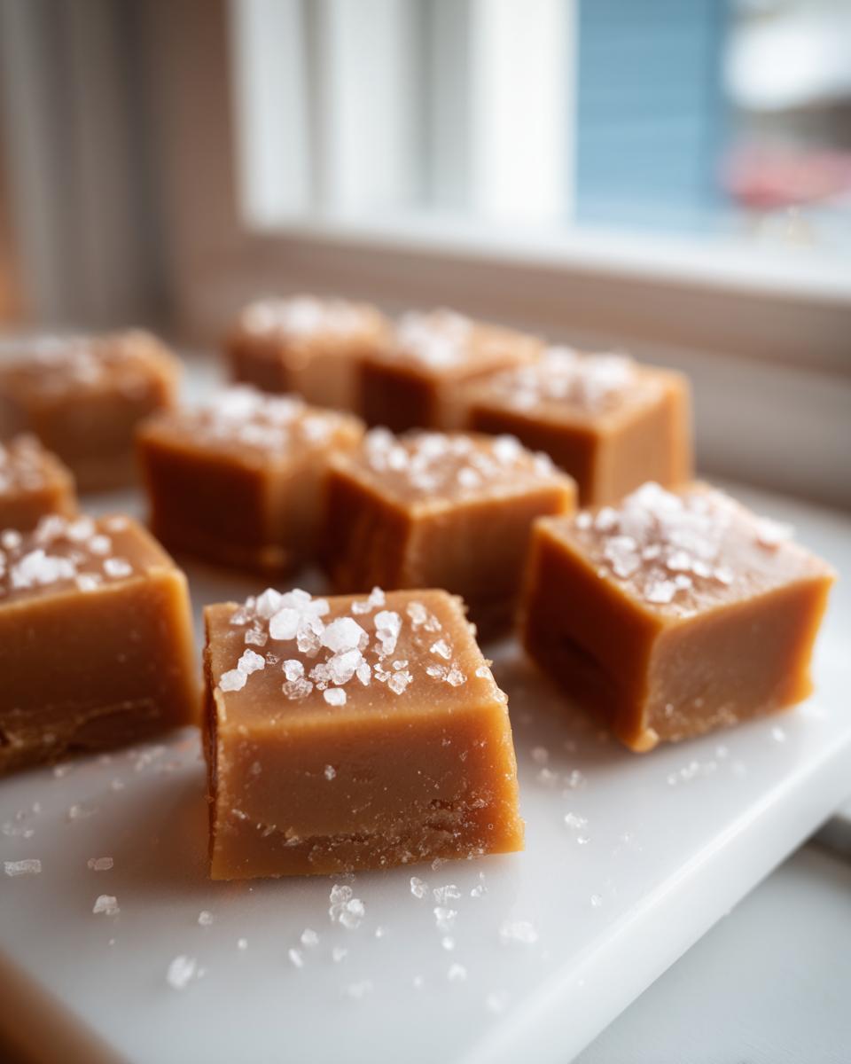 Close-up of soft, chewy caramels topped with flaky sea salt, ready for serving.