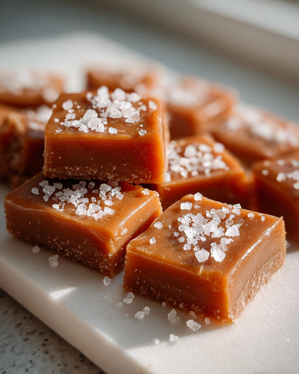 Close-up of soft chewy caramels squares topped generously with flaky sea salt on a white surface.