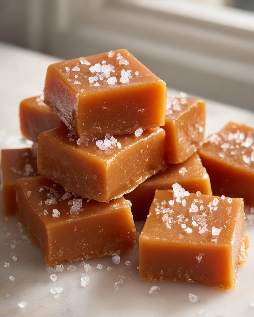 Close-up of soft chewy caramels stacked, sprinkled generously with coarse sea salt.