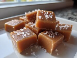 Close-up of soft chewy caramels, cut into squares and sprinkled generously with flaky sea salt.