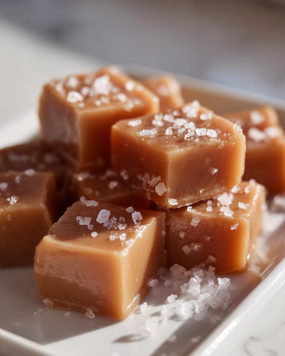 Close-up of soft chewy caramels, cut into squares and sprinkled generously with flaky sea salt.