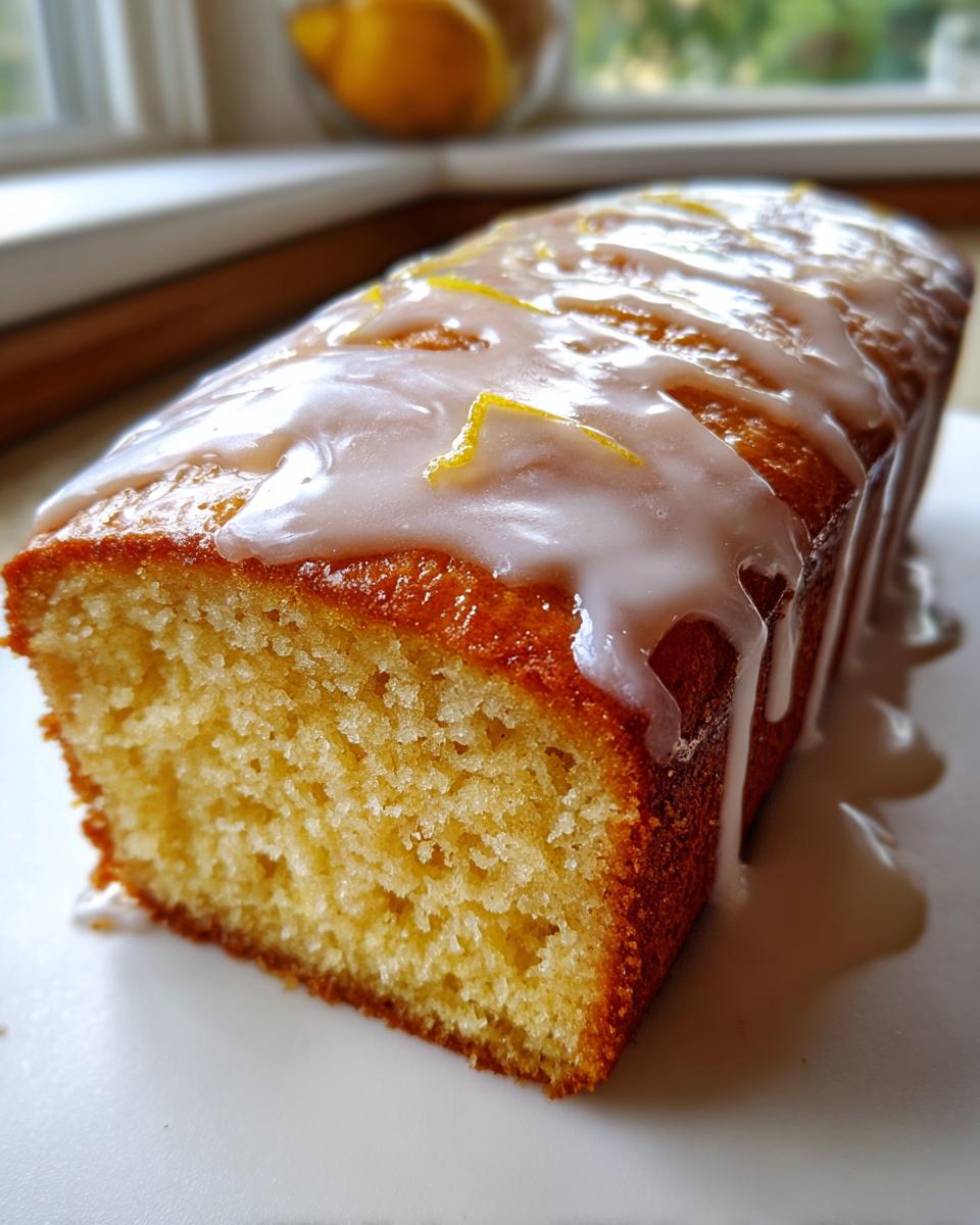 Close-up of a slice of moist sourdough discard lemon loaf topped with thick white lemon glaze and zest.