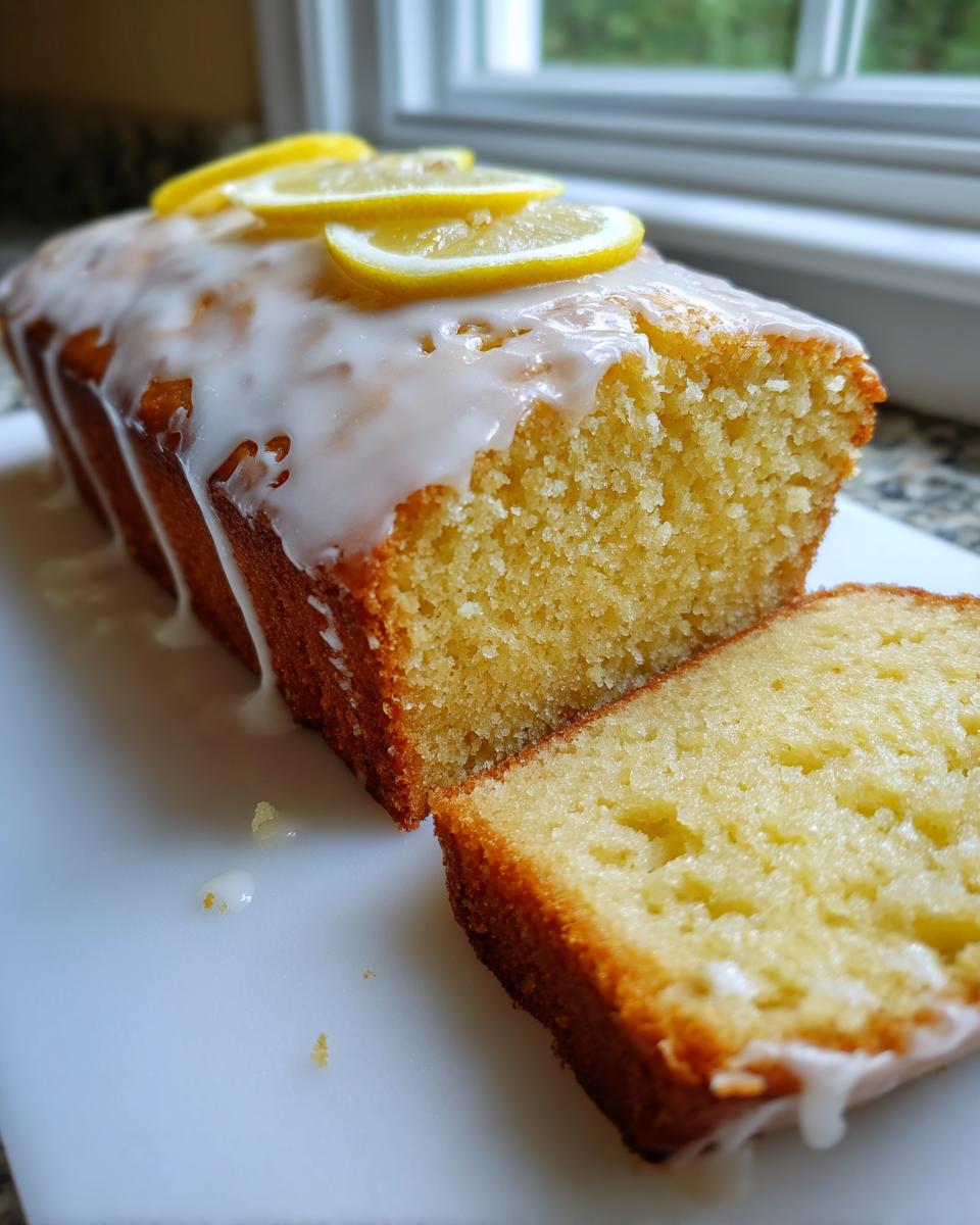 A moist sourdough discard lemon loaf, drizzled with white glaze and topped with lemon slices, with one slice cut.