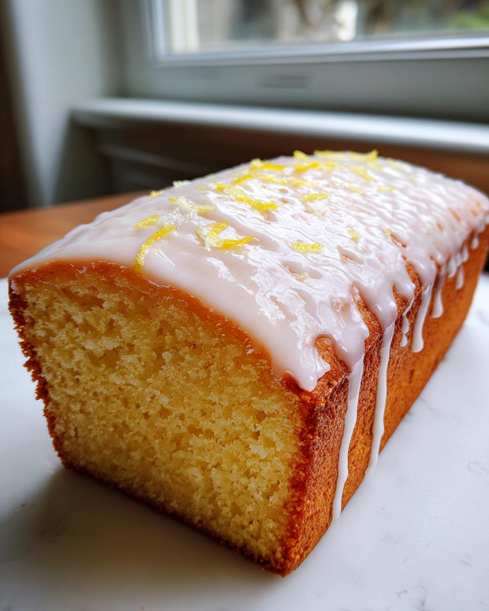 A whole sourdough discard lemon loaf cake topped with thick white glaze and lemon zest.
