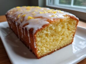 Close-up of a moist sourdough discard lemon loaf with white glaze and bright yellow zest topping.