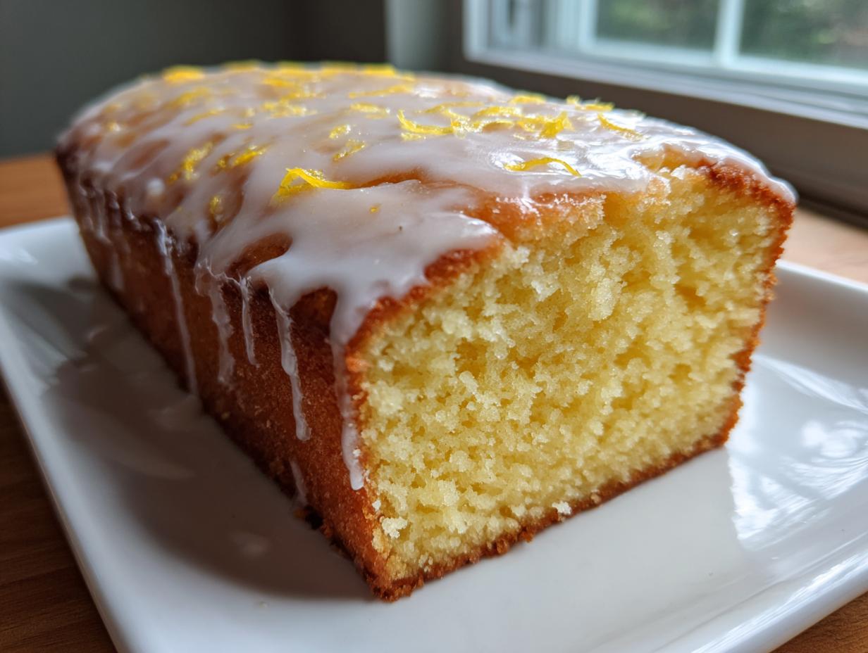 Close-up of a moist sourdough discard lemon loaf with white glaze and bright yellow zest topping.