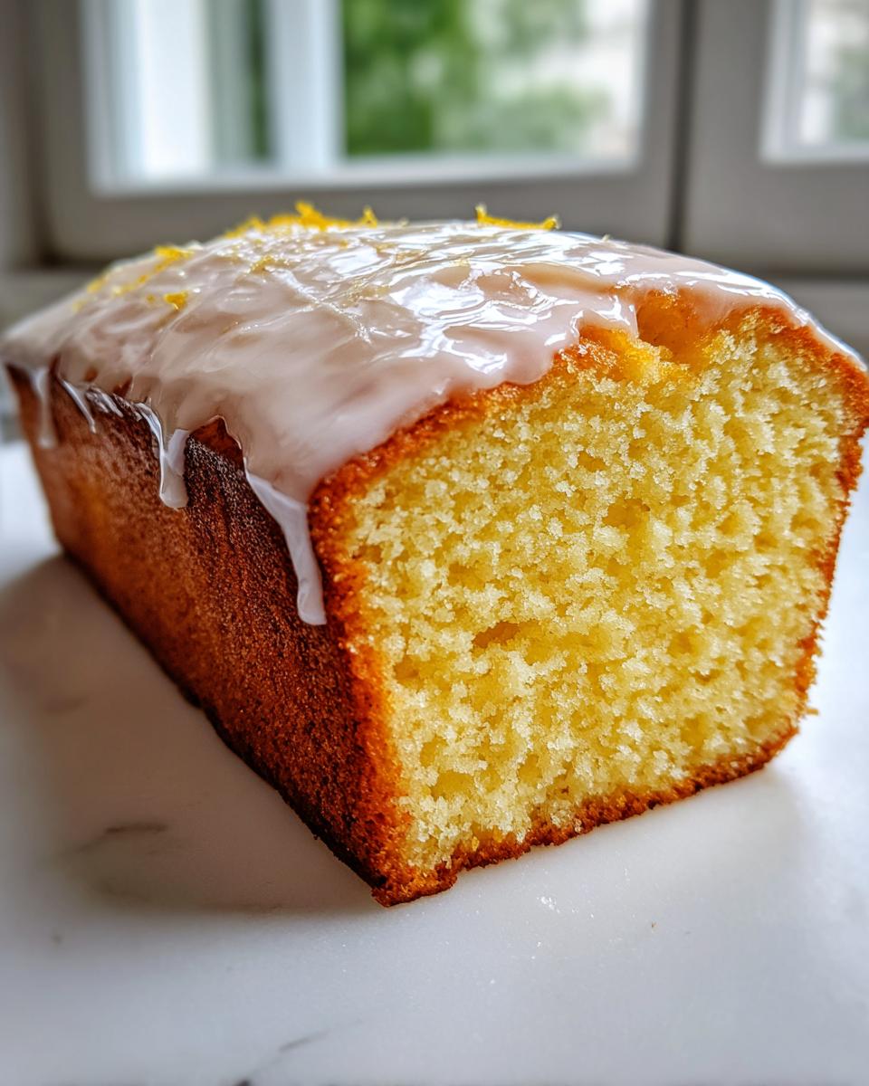 Close-up of a slice of moist sourdough discard lemon loaf, topped with a thick, dripping lemon glaze and zest.