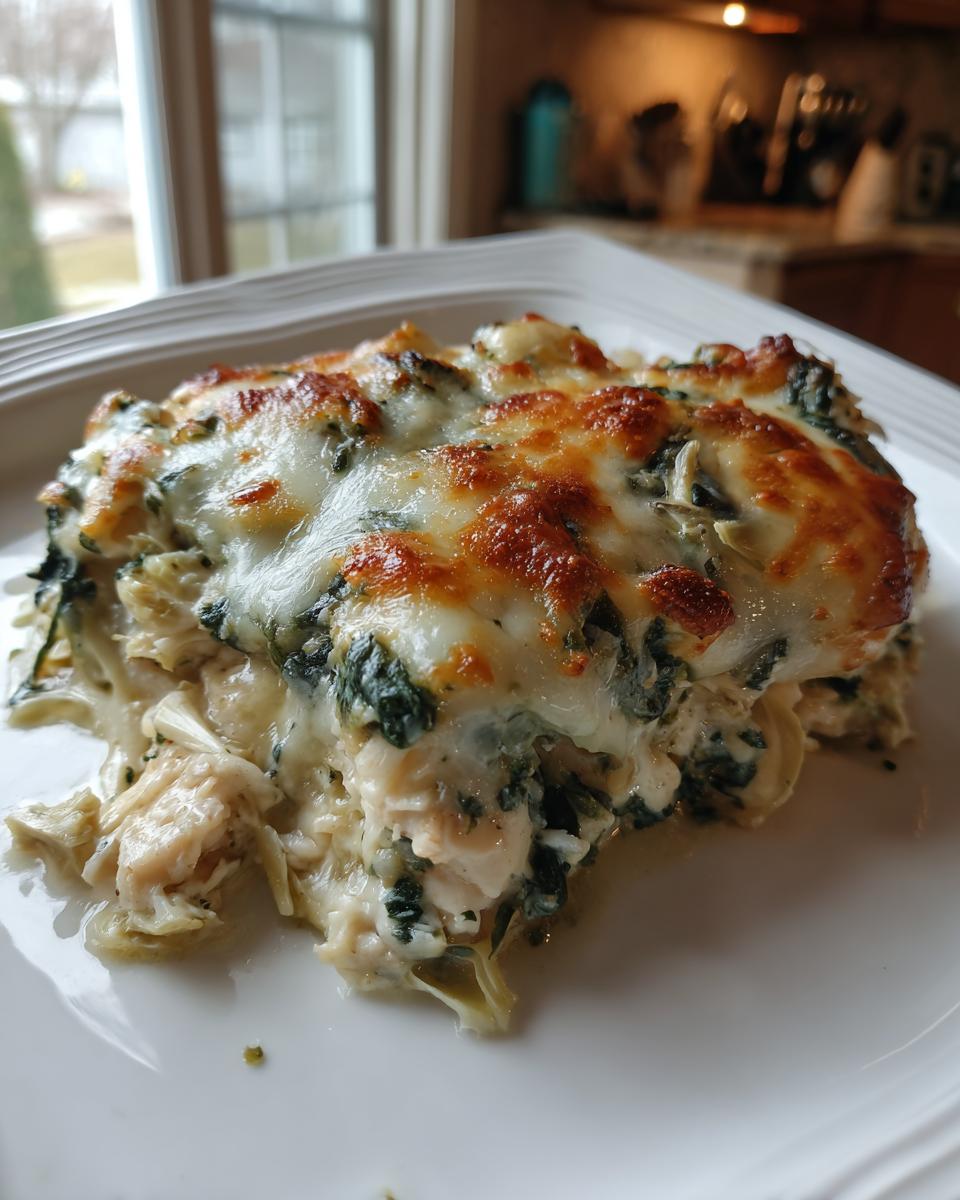 A close-up serving of spinach artichoke chicken casserole topped with bubbly, browned mozzarella cheese.