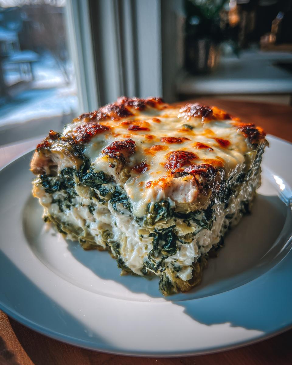 A thick slice of creamy spinach artichoke chicken casserole with a bubbly, browned cheese top.