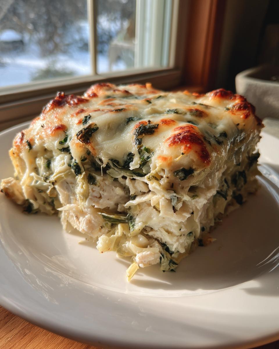 A thick slice of creamy spinach artichoke chicken casserole topped with bubbly, browned cheese, served on a white plate.