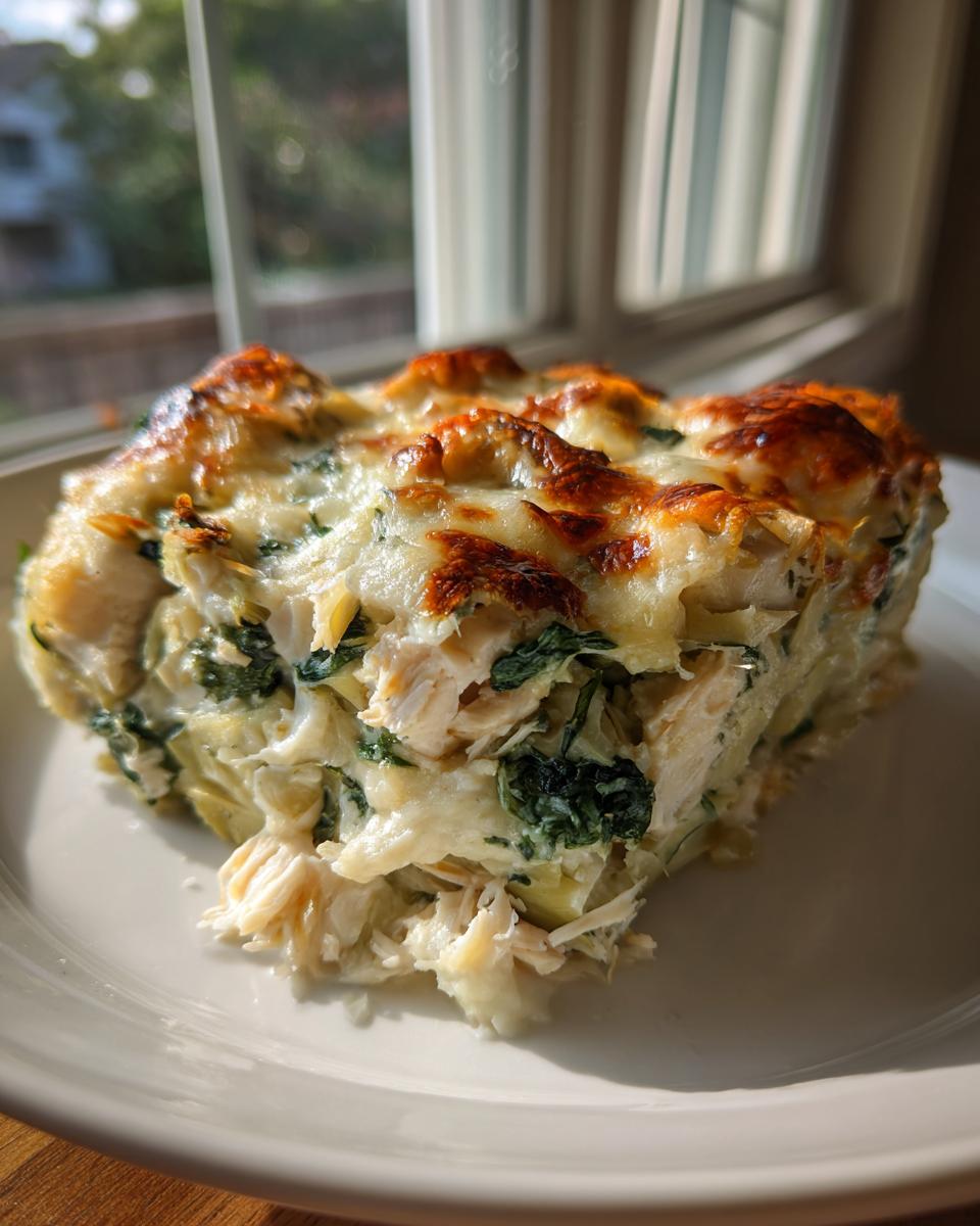 A generous slice of creamy spinach artichoke chicken casserole with a golden, melted cheese topping.