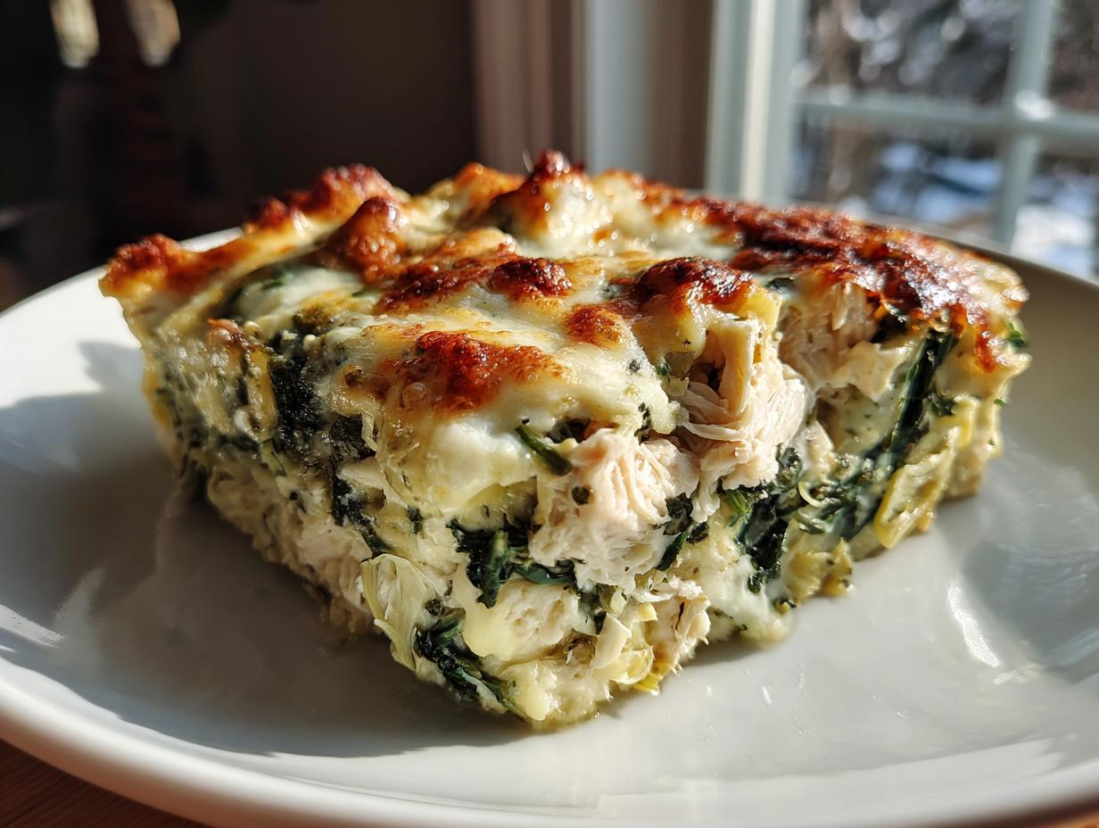 A hearty slice of spinach artichoke chicken casserole showing shredded chicken, spinach, and a browned cheesy top.