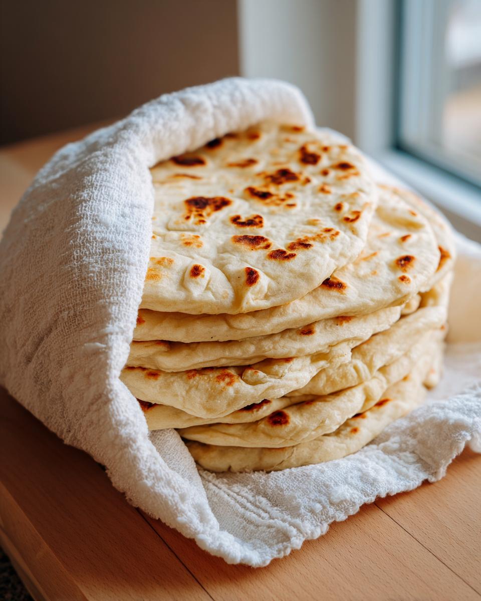 A tall stack of freshly cooked greek pita bread wrapped in a white towel to keep warm.