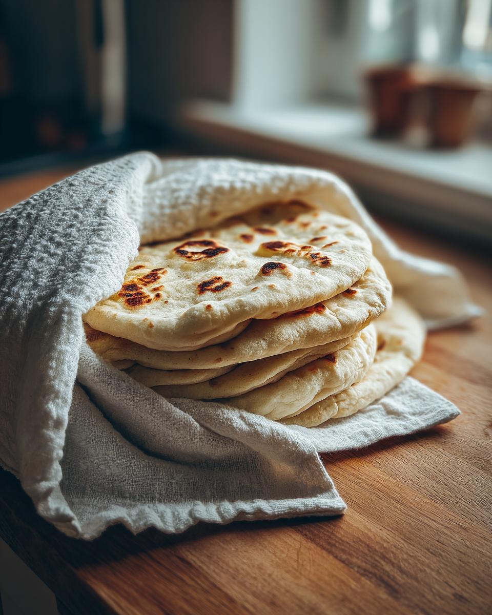 A stack of freshly baked greek pita bread wrapped in a white kitchen towel on a wooden surface.