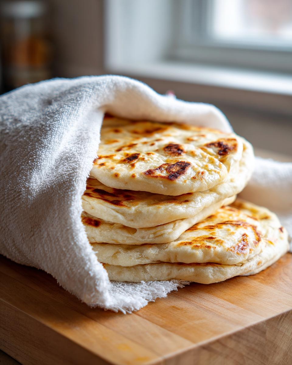 A stack of four freshly cooked greek pita bread rounds wrapped in a white towel on a wooden cutting board.