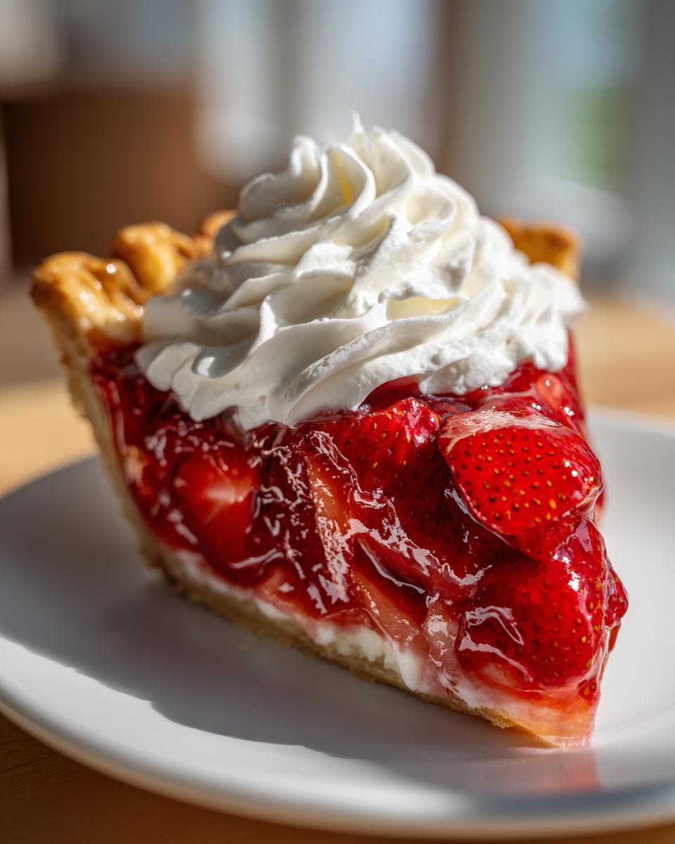 A close-up of a glistening slice of strawberry pie topped generously with whipped cream, sitting on a white plate.